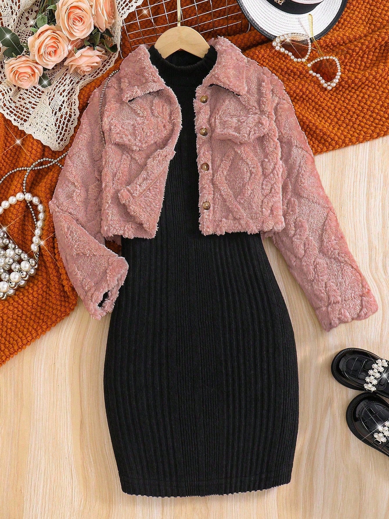 Warm Plush Coat + Mid-Neck Knitted Brushed A-Line Skirt Dusty Pink