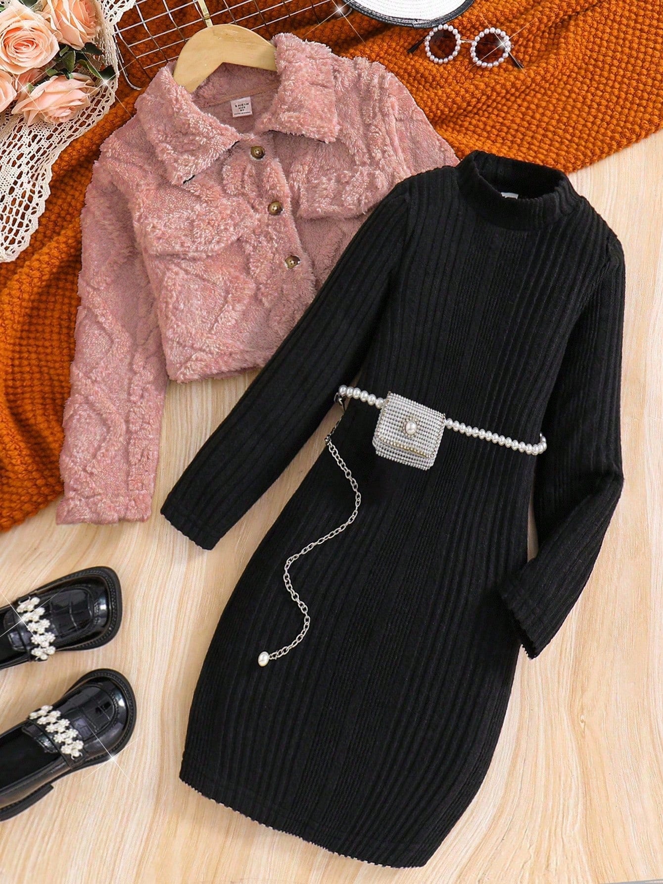 Warm Plush Coat + Mid-Neck Knitted Brushed A-Line Skirt