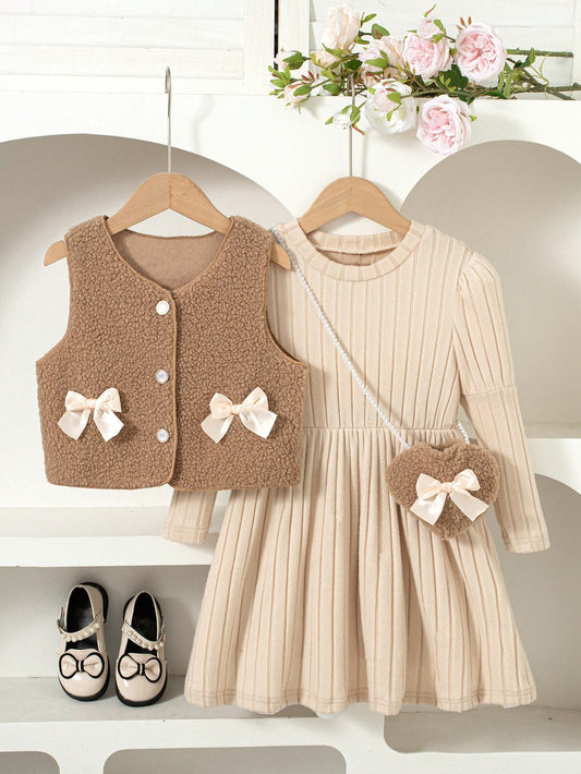 Sleeveless Top With Bow Decor And Long Sleeve Knee-Length Dress