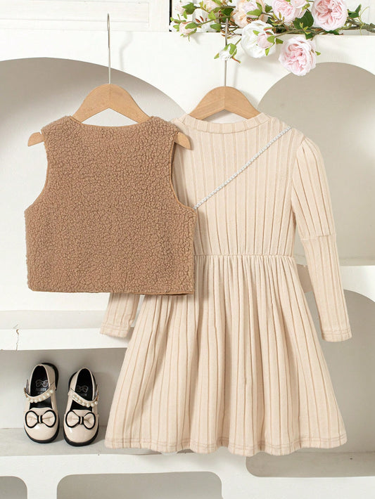 Sleeveless Top With Bow Decor And Long Sleeve Knee-Length Dress