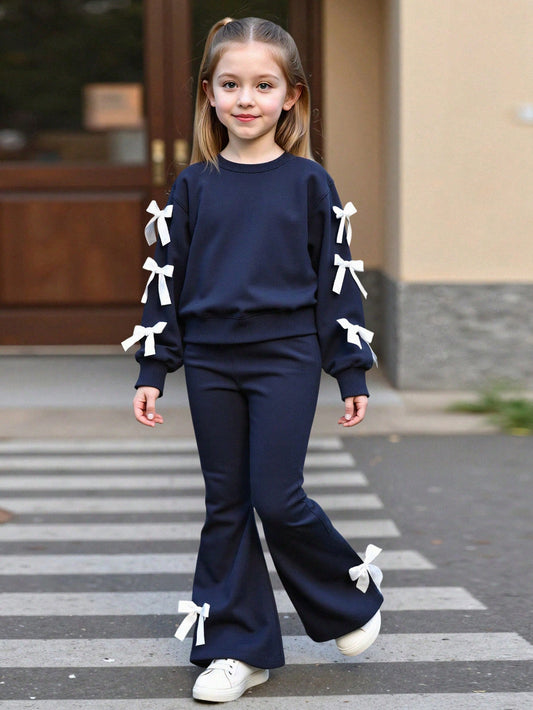 2pcs/Set Girls Casual Sweatshirt & Flare Pants Set Navy Blue