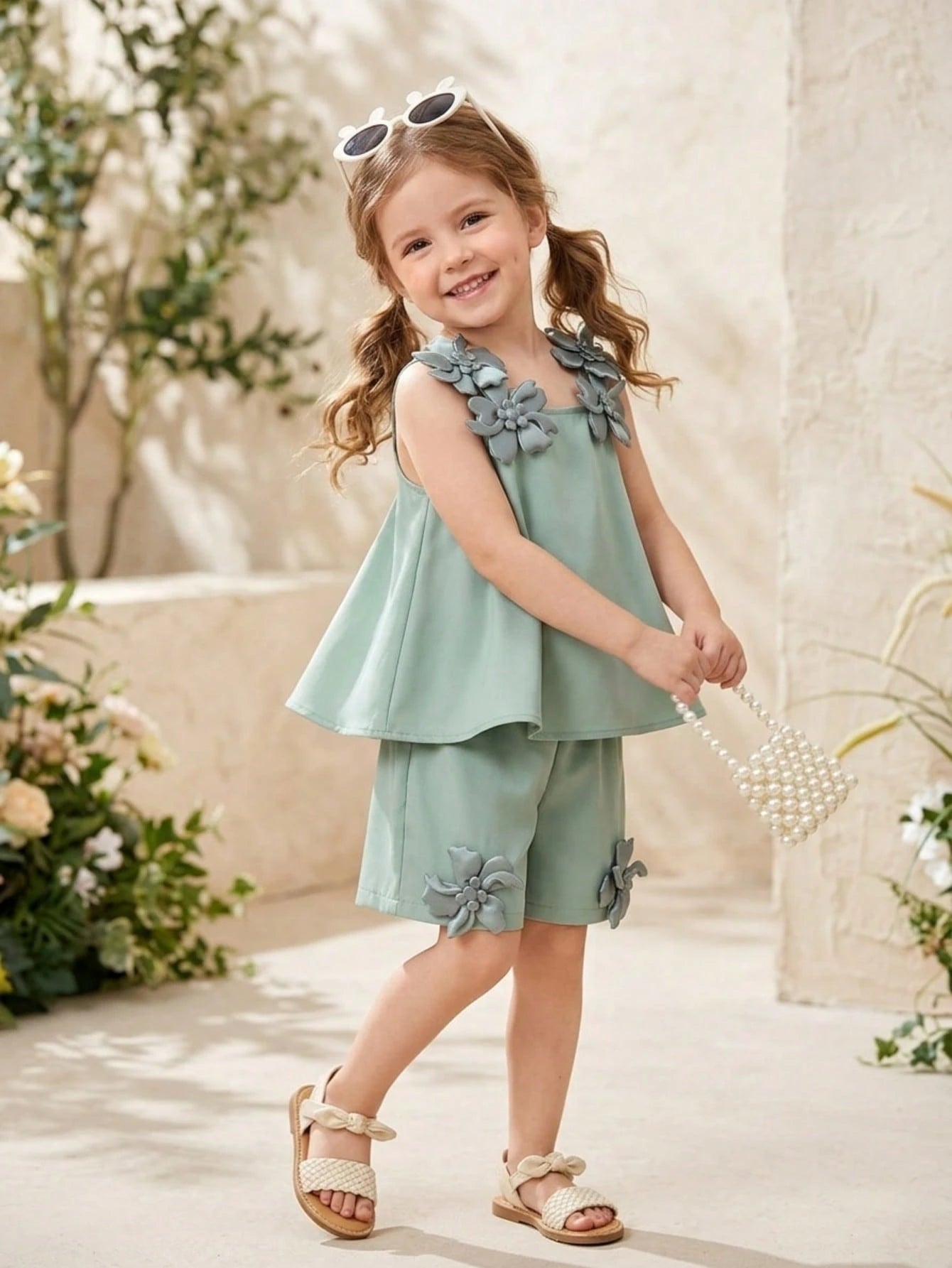 2pcs/Set Girls' Summer Outfit, Floral Embellished Camisole And Shorts