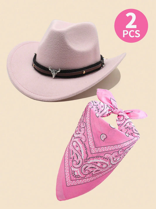 Mummy & Mee 2Pcs Kids Western Felt Cowgirl Hat & Paisley Bandana Set Pink Hat+Pink Bandana