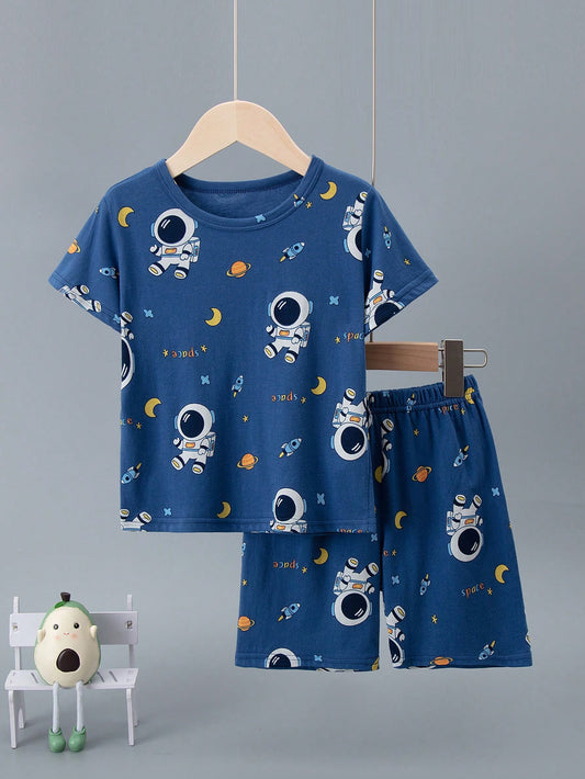 2pcs/Set Kids Short Sleeve & Shorts Astronaut Pajamas