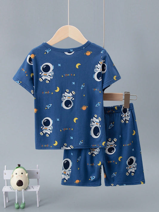 2pcs/Set Kids Short Sleeve & Shorts Astronaut Pajamas