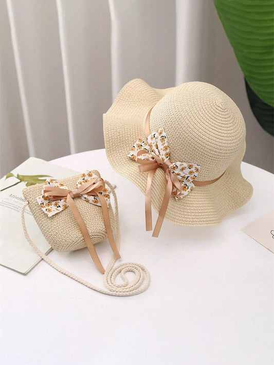 Mummy & Mee 2pcs/Set Kids Straw Hat With Scarf, Ditsy Floral, Bow-Knot Decor, Wide Brim Beige 2-6Y