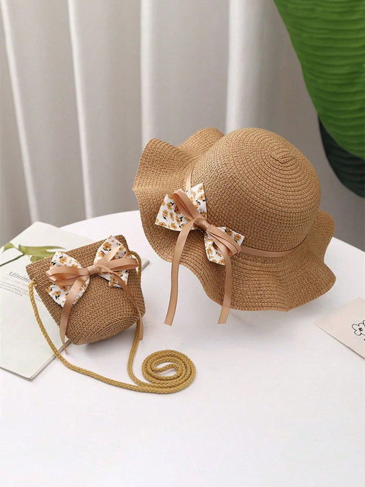 Mummy & Mee 2pcs/Set Kids Straw Hat With Scarf, Ditsy Floral, Bow-Knot Decor, Wide Brim Khaki 2-6Y