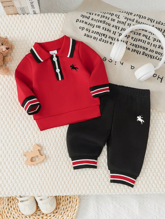 Printed Polo Shirt And Elastic Waist Black Printed Long Pants