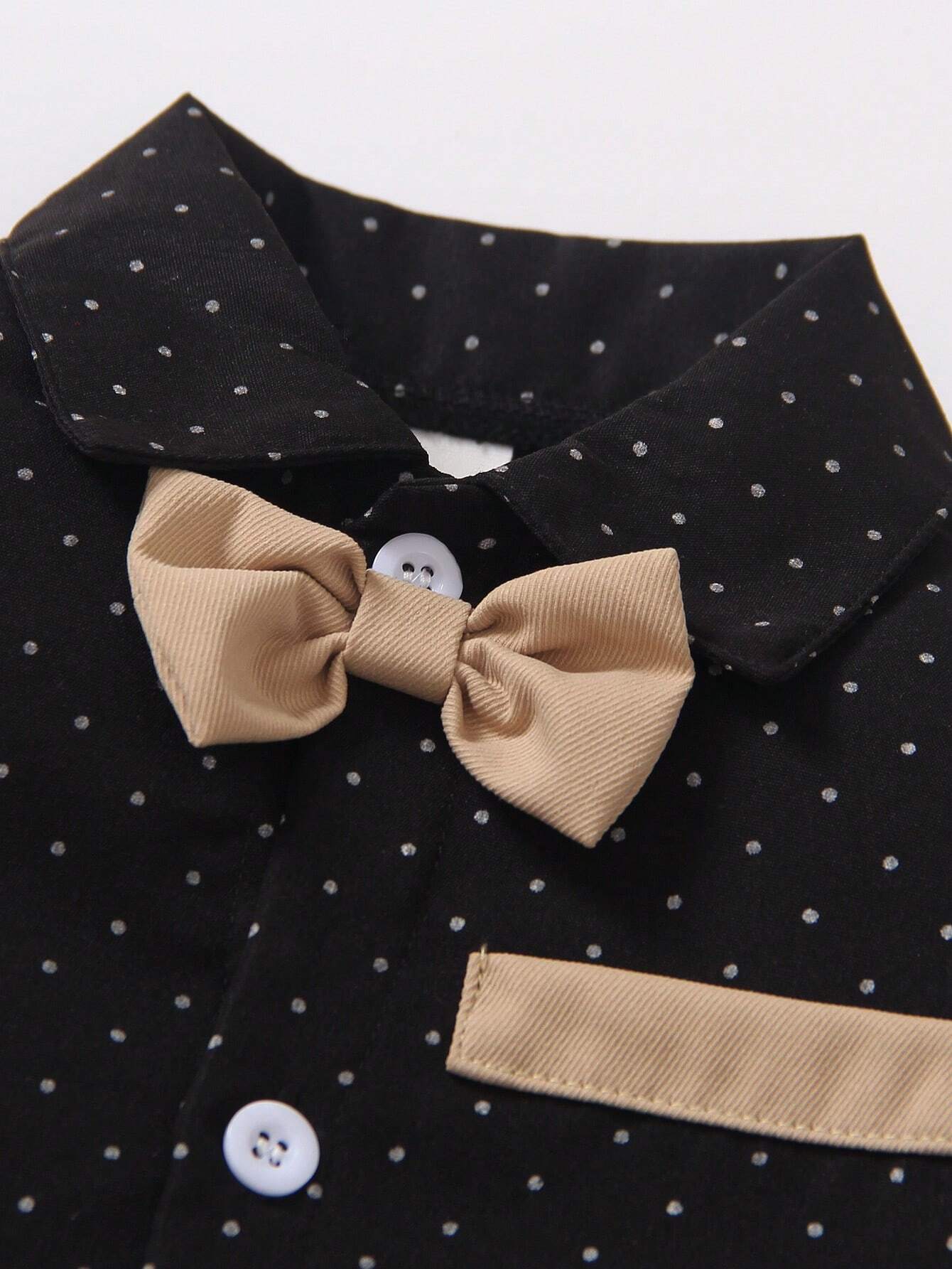 Toddler Black And White Polka Dot Long Sleeve Bow Tie Shirt With Dungaree Pants