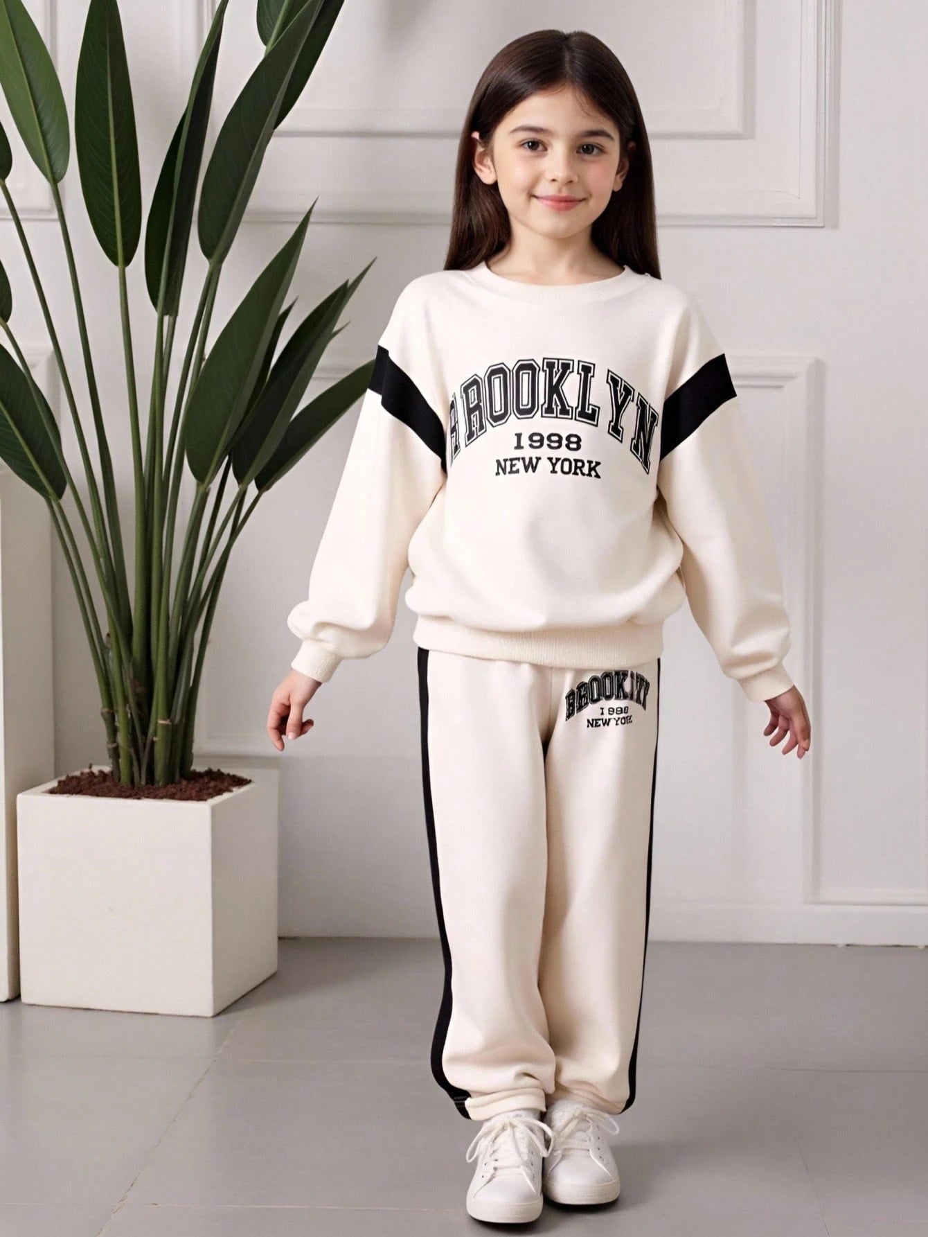 Casual Letter Print Color Block Patchwork Comfortable Long Sleeve Pullover Top And Elastic Waist Pants