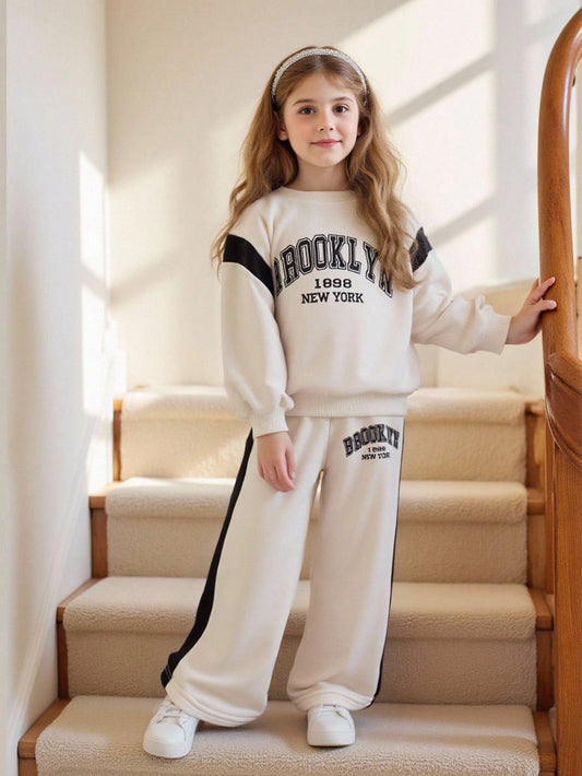 Casual Letter Print Color Block Patchwork Comfortable Long Sleeve Pullover Top And Elastic Waist Pants Apricot