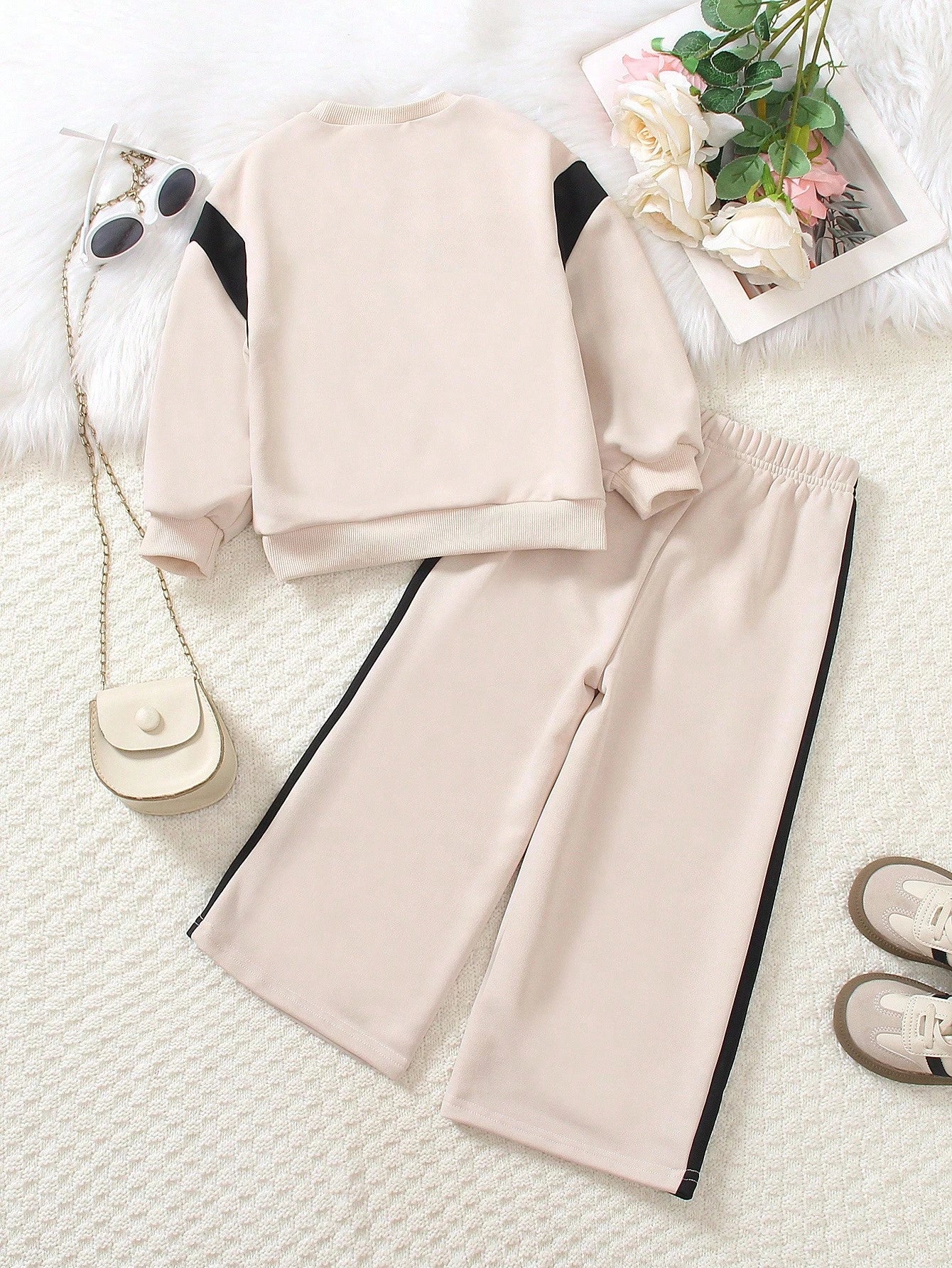 Casual Letter Print Color Block Patchwork Comfortable Long Sleeve Pullover Top And Elastic Waist Pants