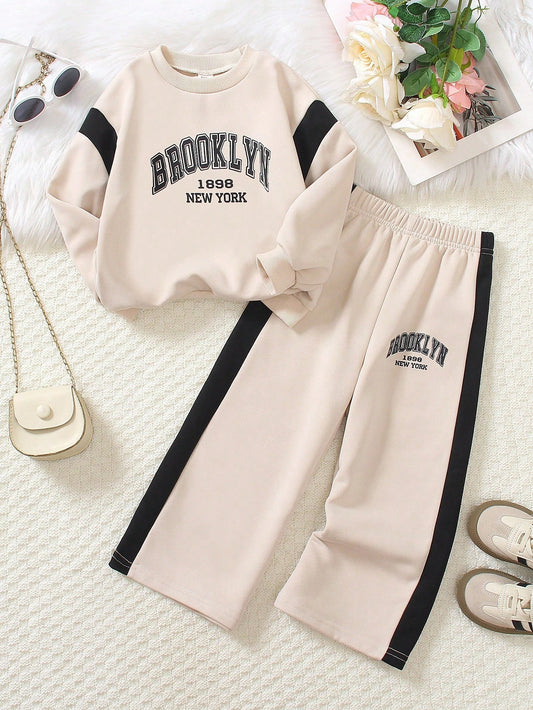 Casual Letter Print Color Block Patchwork Comfortable Long Sleeve Pullover Top And Elastic Waist Pants