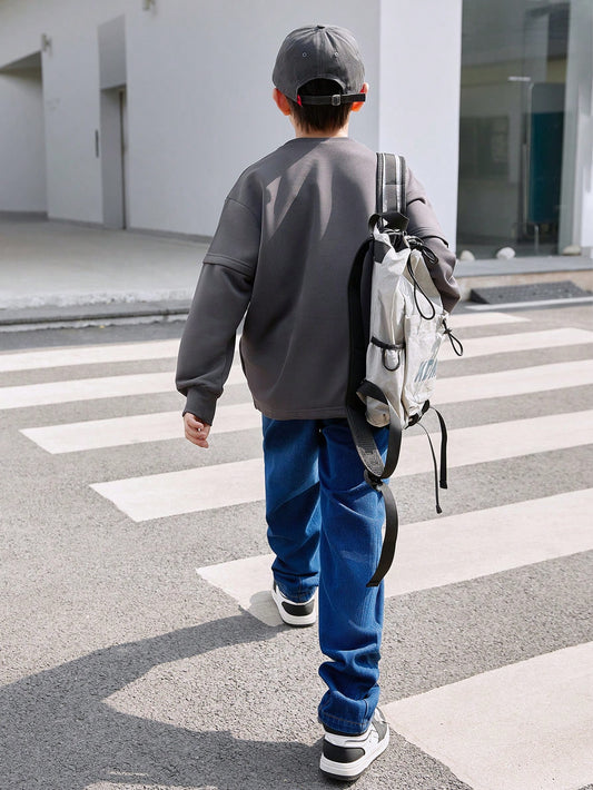 Tween Boy Casual Solid Color Letter Print Crew Neck Long Sleeve Sweatshirt And Blue Denim Wide Leg Pants