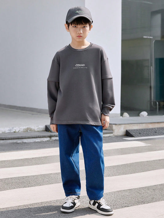Tween Boy Casual Solid Color Letter Print Crew Neck Long Sleeve Sweatshirt And Blue Denim Wide Leg Pants Grey
