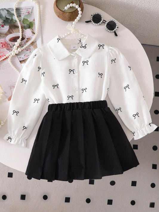 2pcs/Set Young Girl Bowknot Print Casual Shirt & Pleated Skirt