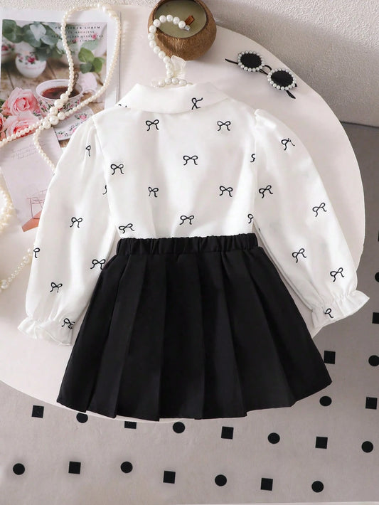 2pcs/Set Young Girl Bowknot Print Casual Shirt & Pleated Skirt