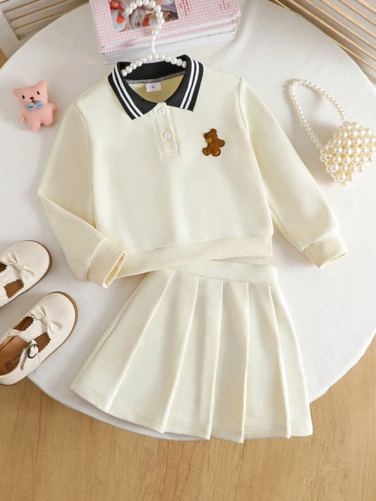 Young Girl Casual Polo Collar Embroidery Top And Pleated Skirt Apricot