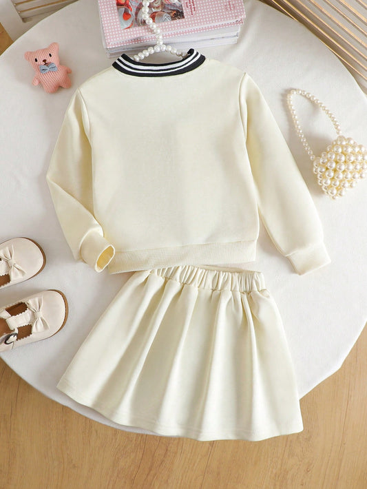 Young Girl Casual Polo Collar Embroidery Top And Pleated Skirt