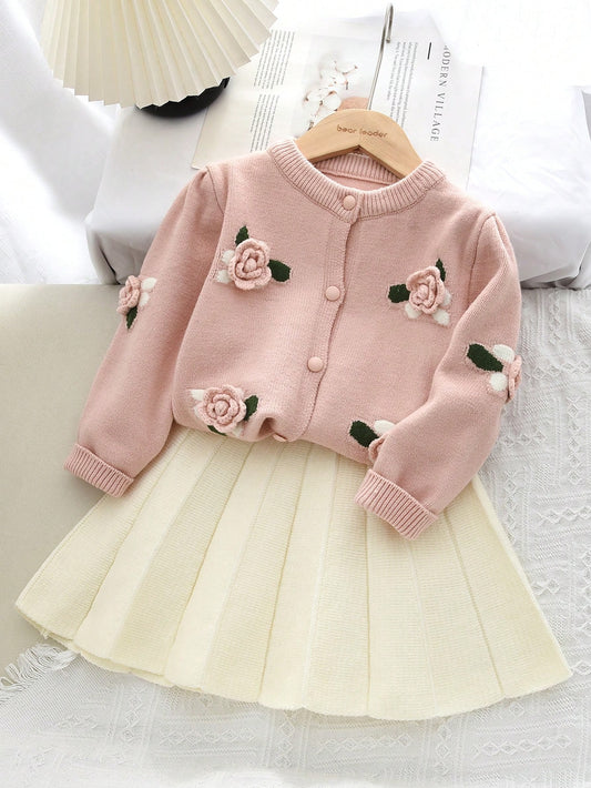 Young Girl Cute Long Sleeve Fruit Print Top And Pleated Skirt Set