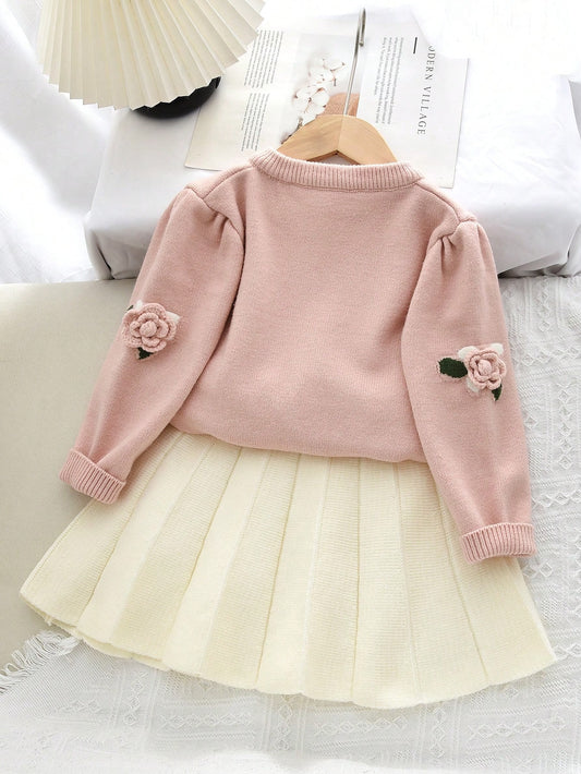 Young Girl Cute Long Sleeve Fruit Print Top And Pleated Skirt Set