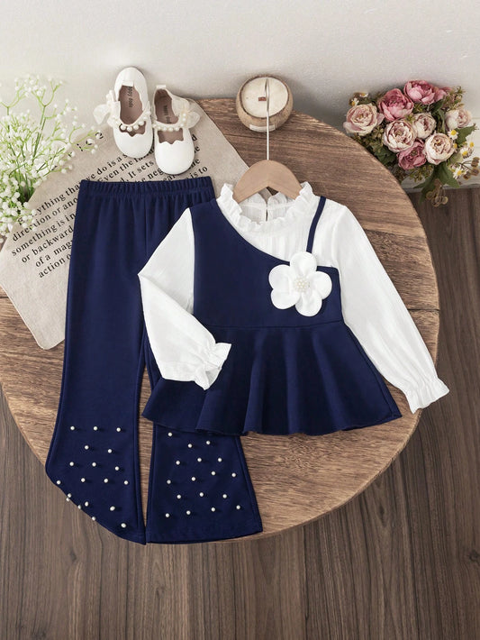 Long Sleeve Ruffle Tie Collar Floral Applique Top And Solid Color Elastic Waist Beaded Bell-Bottom Pants Set