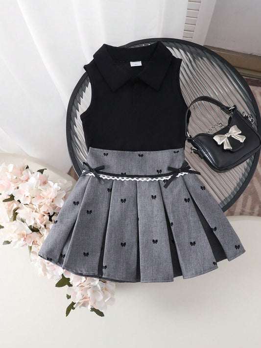 Young Girl Sleeveless V-Neck Top With Butterfly Embroidery & Ruffled High-Waisted Pleated Skirt