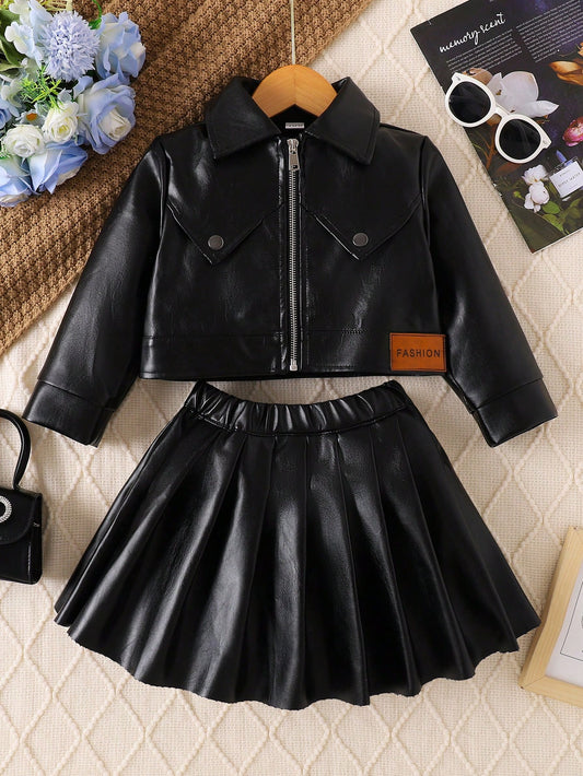 Young Girls Fashion Pu Jacket & Skirt Suit