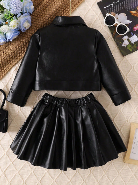 Young Girls Fashion Pu Jacket & Skirt Suit