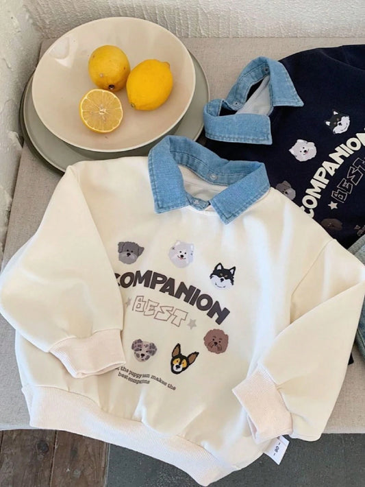 Young Boy Denim Collar Cartoon Dog Print Pullover Hoodie Beige