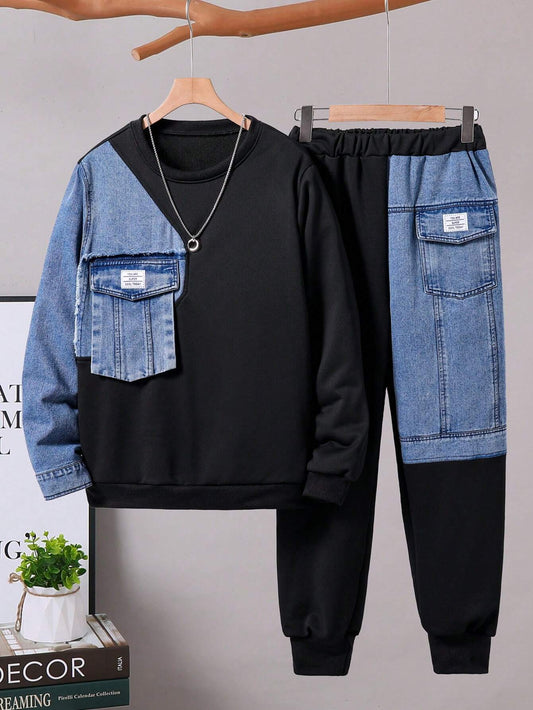 2pcs Teen Boy Denim Patchwork Crew Neck Sweatshirt And Black Pants-S 15Y
