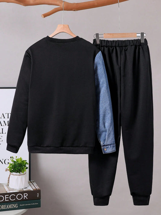 2pcs Teen Boy Denim Patchwork Crew Neck Sweatshirt And Black Pants-S