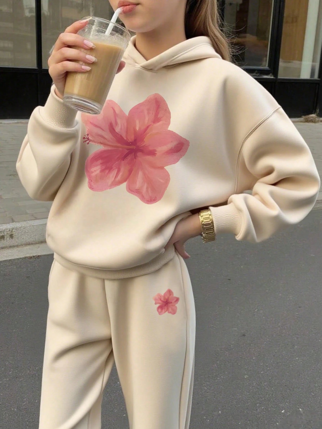 Tween Girls Printed Fleece Lined Hoodie Set, Warm Long Sleeve Sweatshirt And Pants Apricot