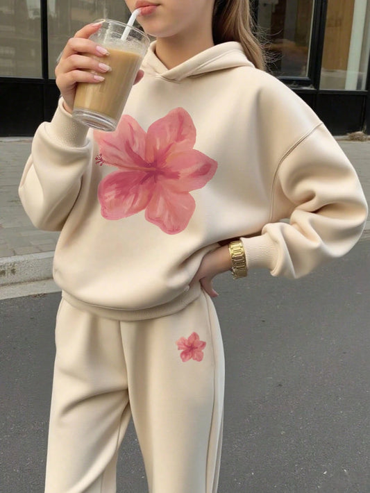 Tween Girls Printed Fleece Lined Hoodie Set, Warm Long Sleeve Sweatshirt And Pants Apricot