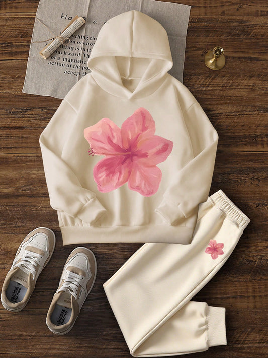 Tween Girls Printed Fleece Lined Hoodie Set, Warm Long Sleeve Sweatshirt And Pants