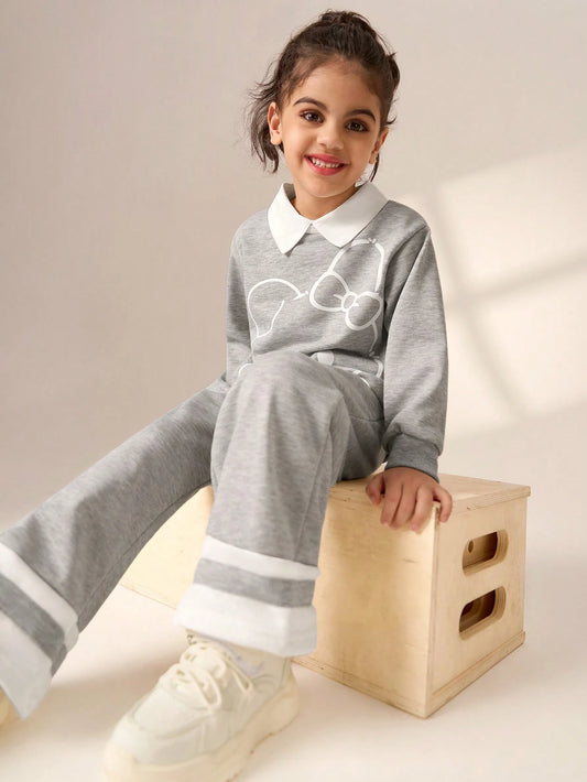 2pcs Young Girl Cute Rabbit Print Splicing Collar Top And Wide Leg Pants Set Pink