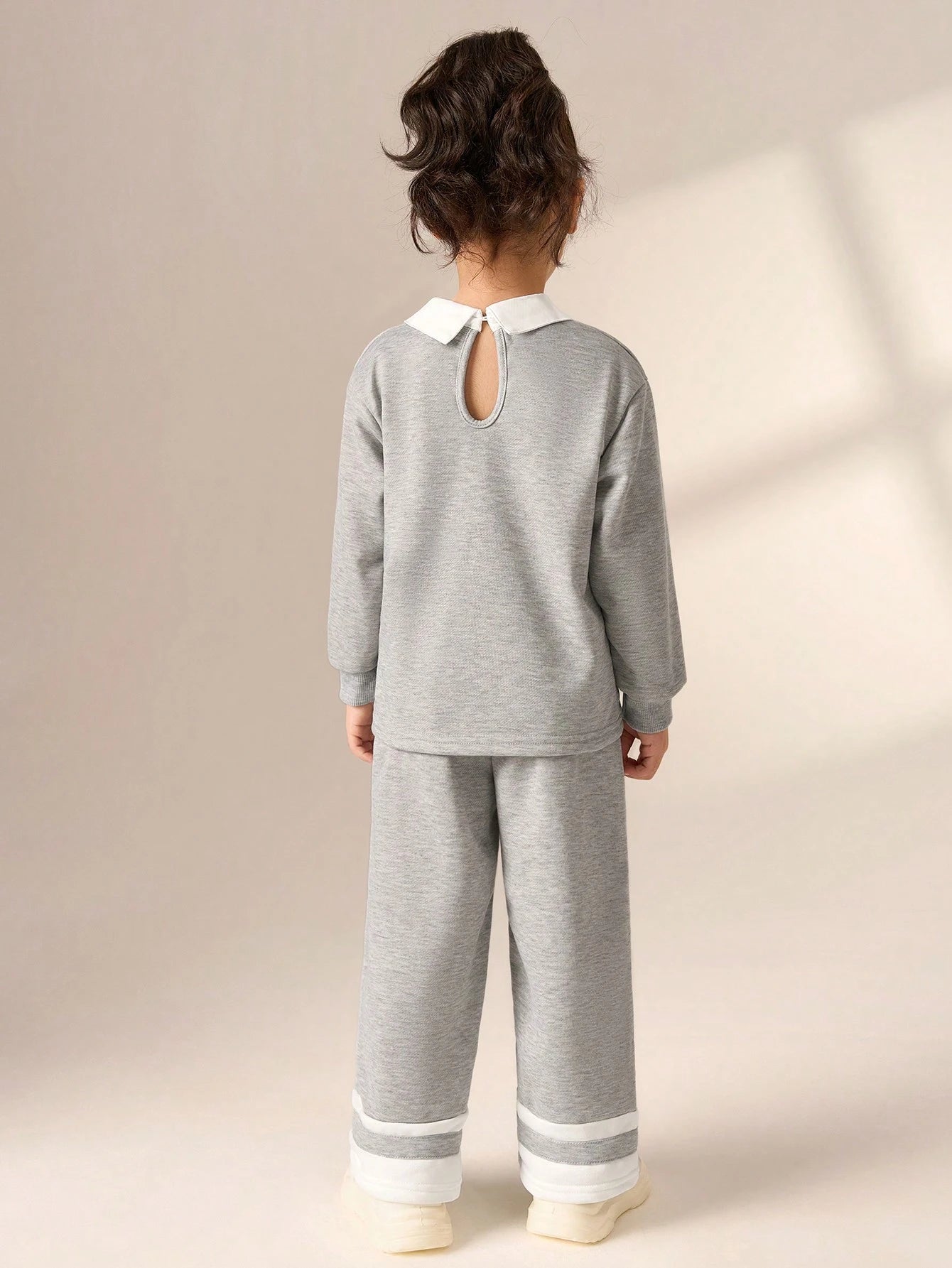 2pcs Young Girl Cute Rabbit Print Splicing Collar Top And Wide Leg Pants Set
