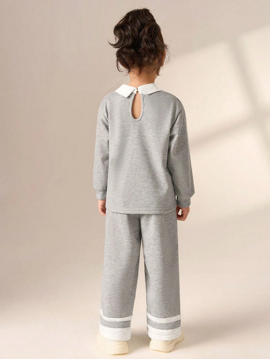 2pcs Young Girl Cute Rabbit Print Splicing Collar Top And Wide Leg Pants Set