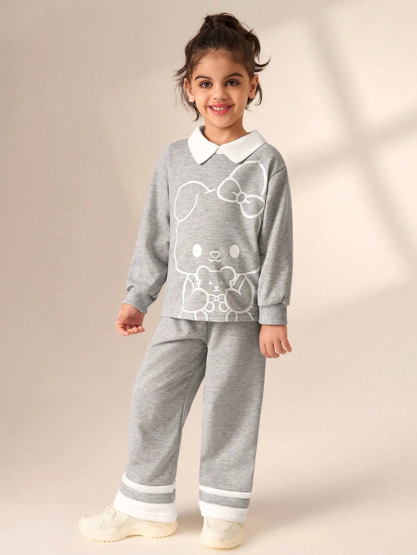 2pcs Young Girl Cute Rabbit Print Splicing Collar Top And Wide Leg Pants Set