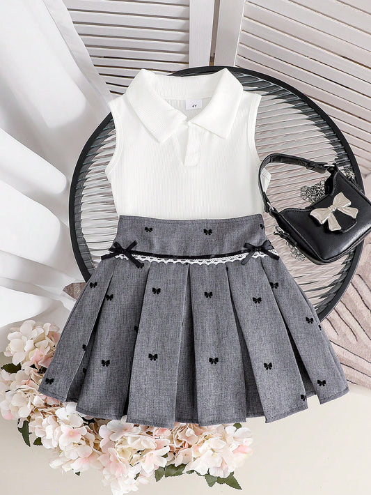Young Girl Sleeveless V-Neck Top With Butterfly Embroidery & Ruffled High-Waisted Pleated Skirt