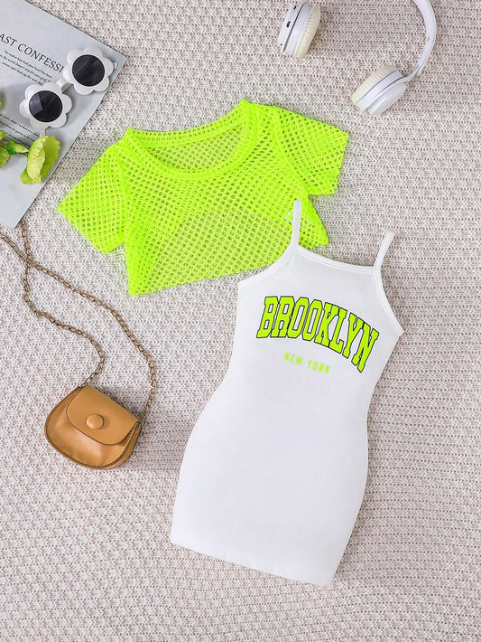 Fishnet Crop Top & Letter Graphic Snug Fit Slip Dress Set