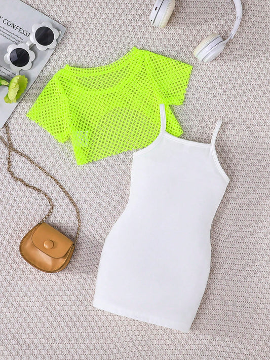 Fishnet Crop Top & Letter Graphic Snug Fit Slip Dress Set