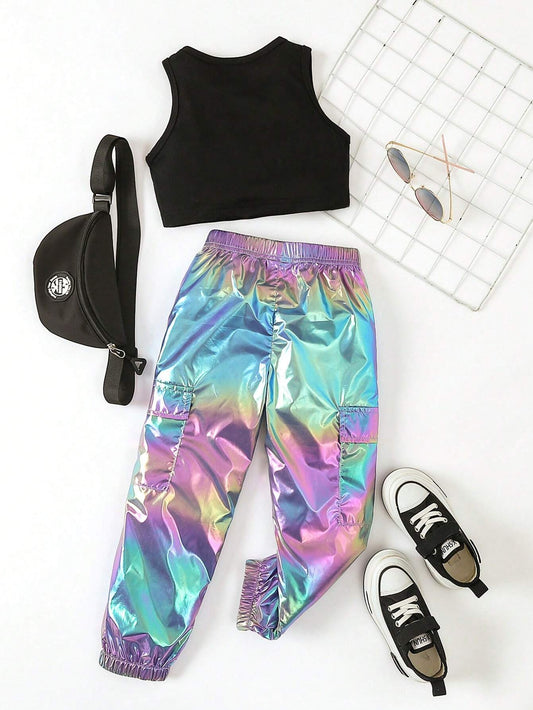 2pcs Young Girl Fashionable Colorful Night Luminous Long Pants Set