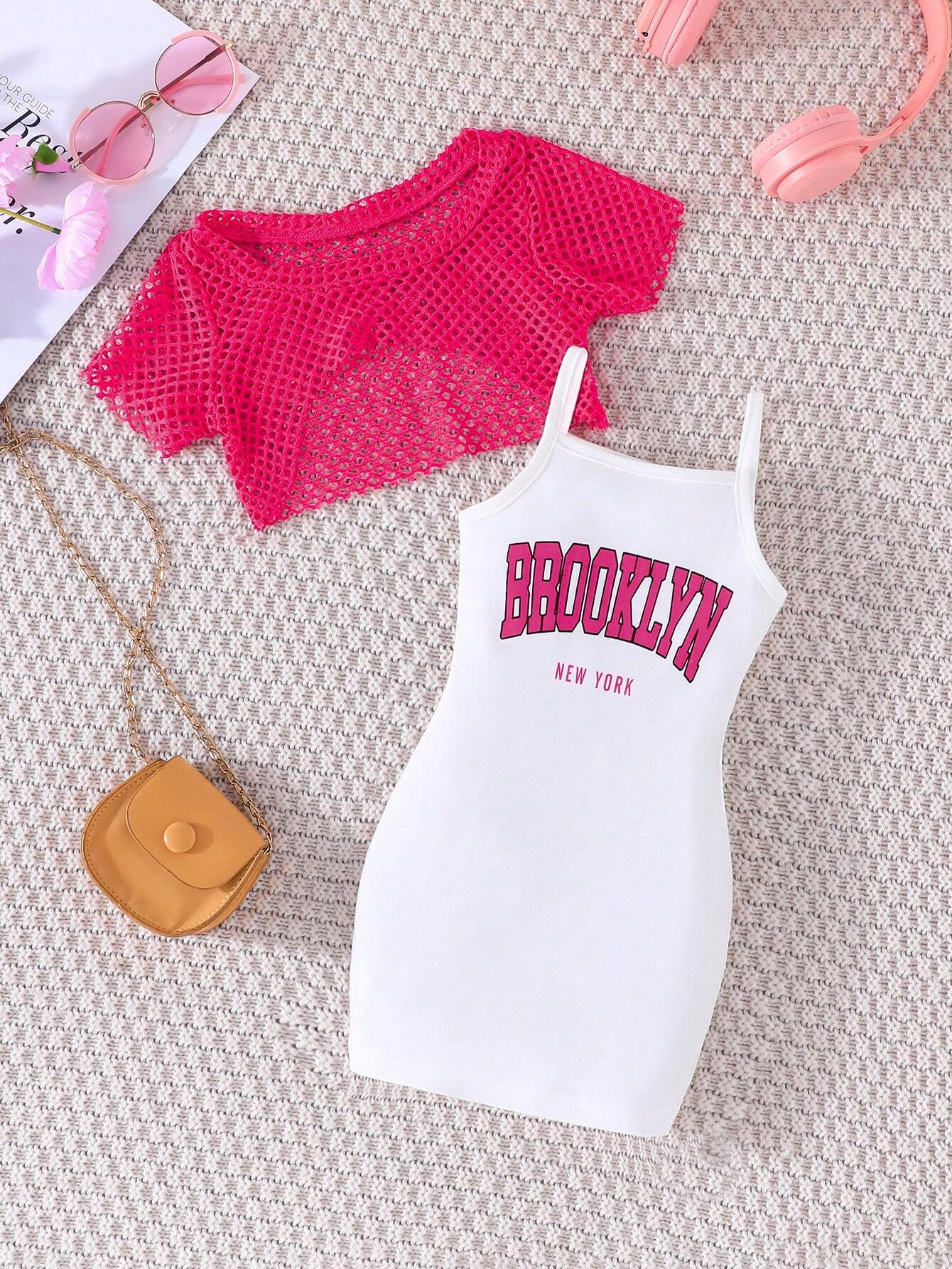 2pcs Young Girl's Fashion Lace Crop Top And Lettered Print Spaghetti Strap Dress
