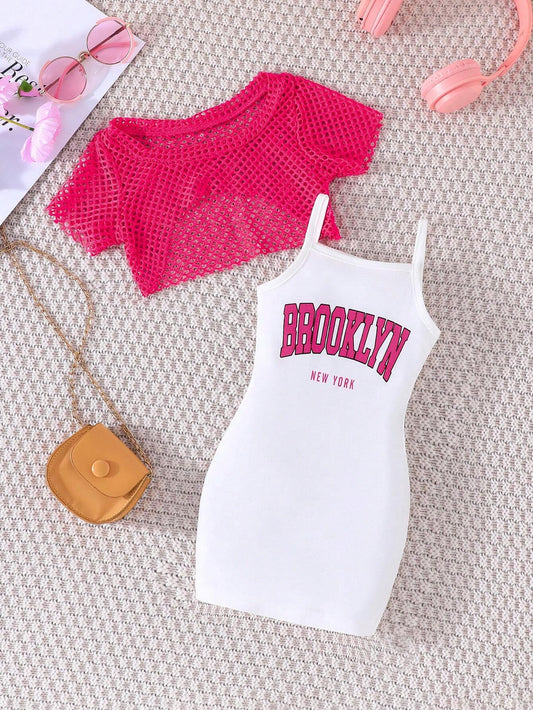 2pcs Young Girl's Fashion Lace Crop Top And Lettered Print Spaghetti Strap Dress