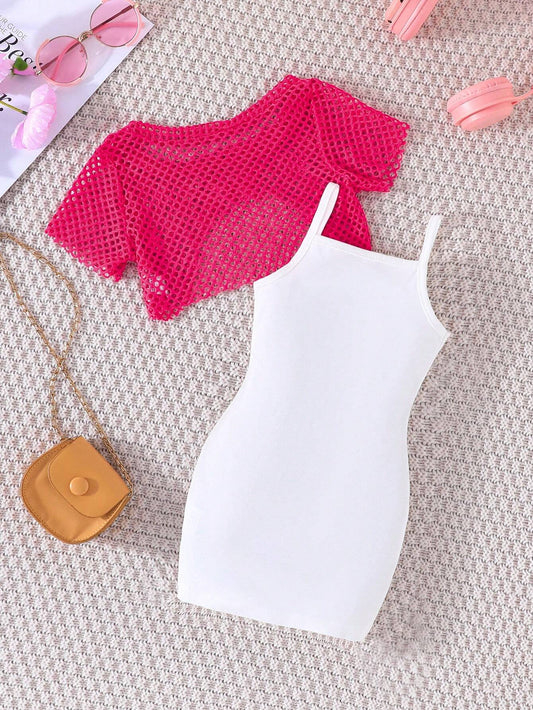 2pcs Young Girl's Fashion Lace Crop Top And Lettered Print Spaghetti Strap Dress