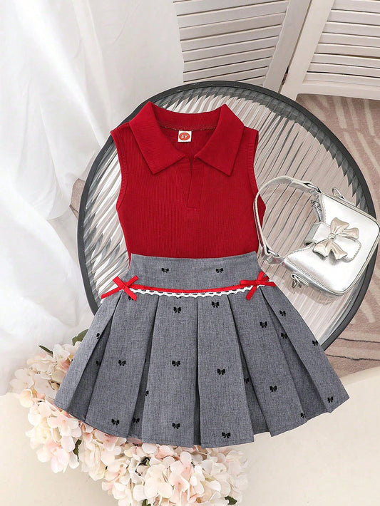 Collared Fitted Top & Bow Embroidery Lace Trim Pleated Mini Skirt Set