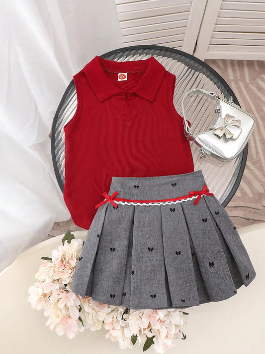 Collared Fitted Top & Bow Embroidery Lace Trim Pleated Mini Skirt Set