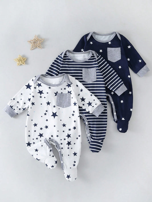 3-Piece Set Star Print Footie Jumpsuit Multicolor