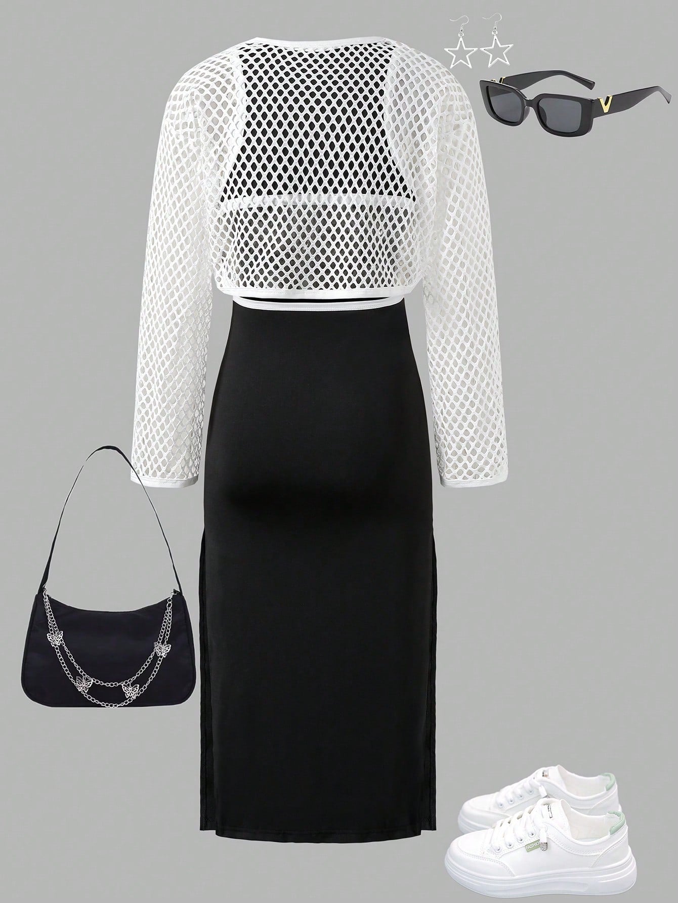 Tween Girl Hollow-Out Short Jacket And Fitted Knit Dress Set